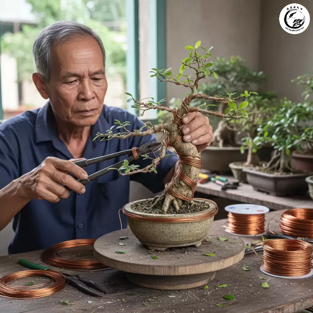 Quá trình uốn dây là bước quan trọng để định hình các chi tiết của cây duối cảnh