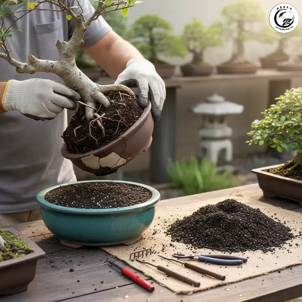 Quy trình thay chậu và cắt tỉa rễ cho cây duối bonsai đảm bảo sự phát triển khỏe mạnh và kiểm soát kích thước