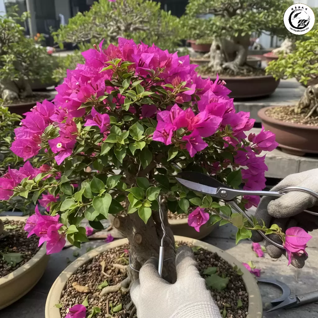 Thao tác cắt tỉa cành và lá để định hình tán cho cây hoa giấy bonsai tập trung vào việc tạo cành cấp 2 và 3