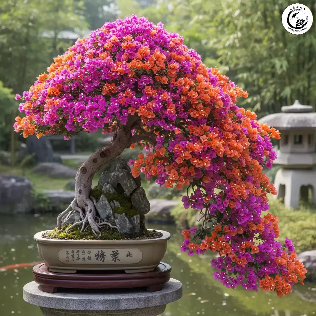 Một tác phẩm hoa giấy bonsai hoàn chỉnh với dáng thác đổ ấn tượng thể hiện vẻ đẹp kiên cường và rực rỡ