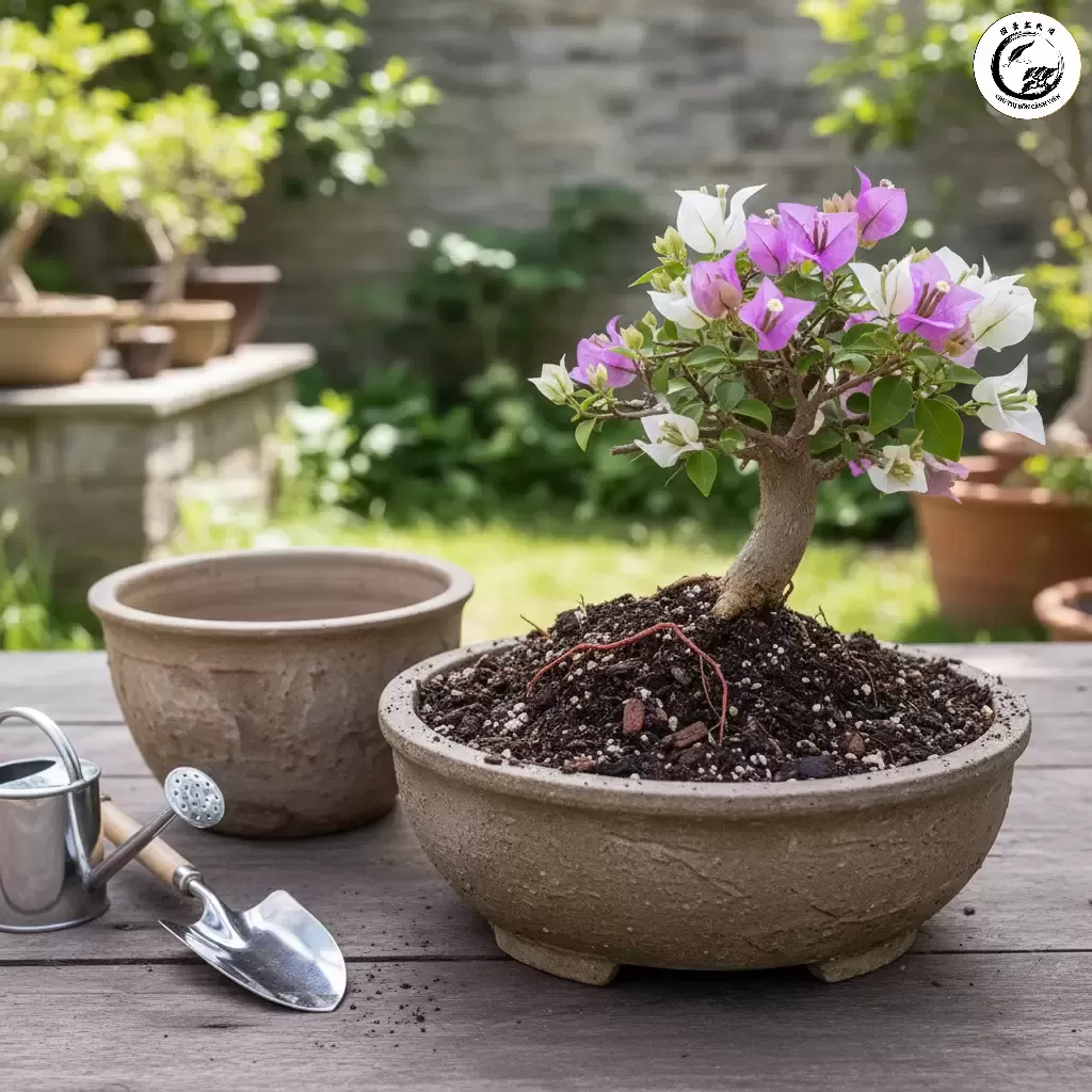 Lựa chọn chậu và hỗn hợp đất trồng chuyên dụng đảm bảo khả năng thoát nước tối ưu cho hoa giấy bonsai giúp rễ luôn khỏe mạnh