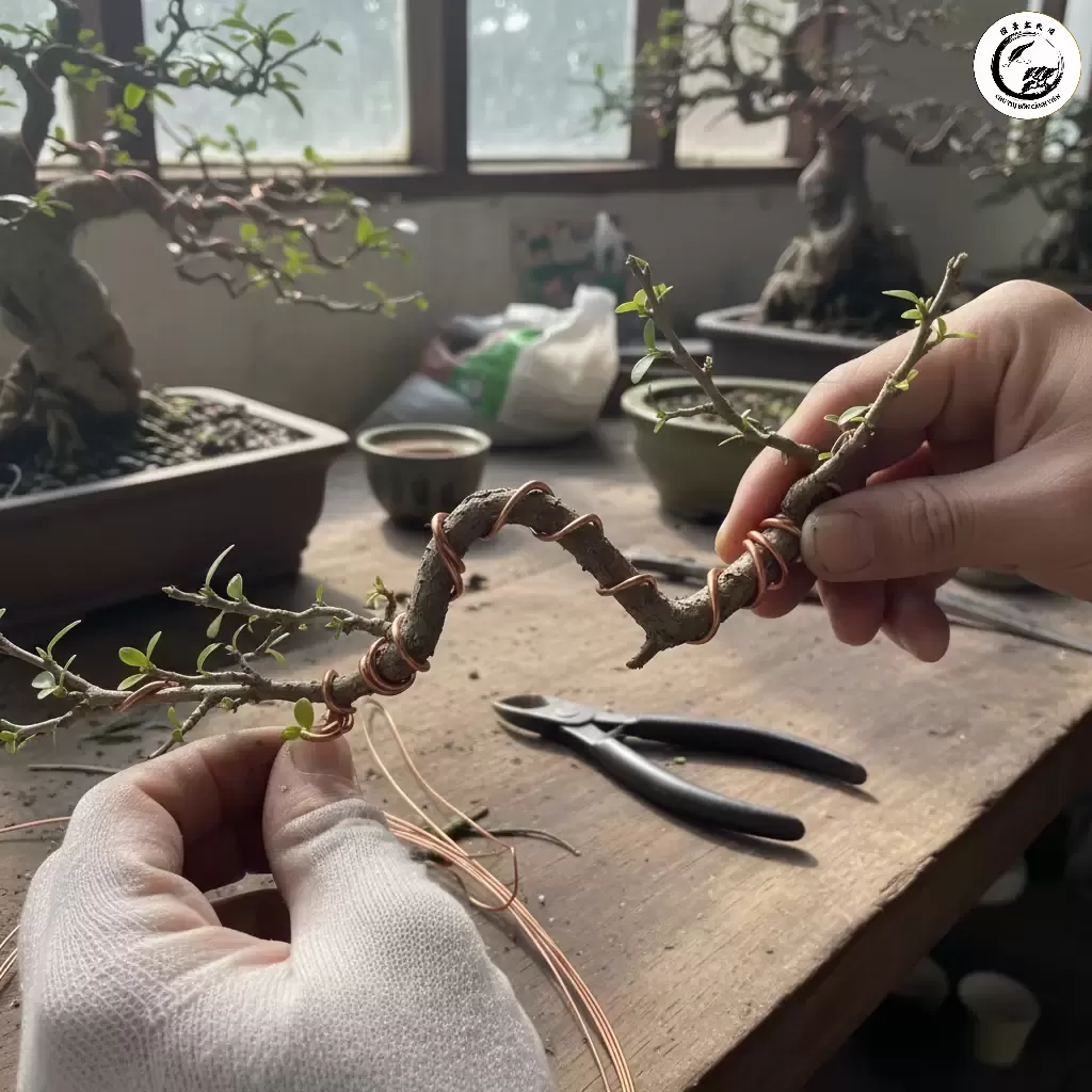 Sử dụng dây đồng bọc để định hình thân và cành cho cây duối tạo nên các đường nét mềm mại và cổ kính theo tiêu chuẩn bonsai