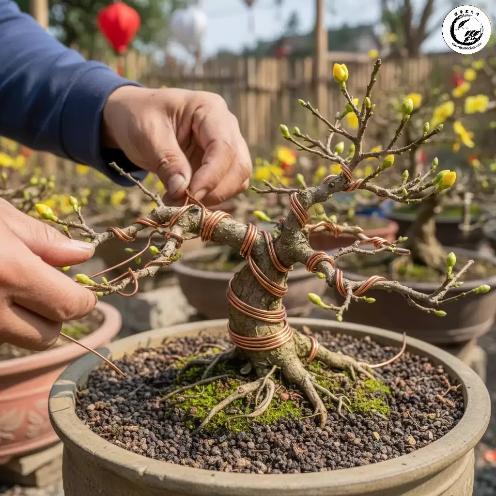 Uốn dây là kỹ thuật quan trọng giúp định hình các cành cây mai vàng bonsai theo các kiểu dáng nghệ thuật
