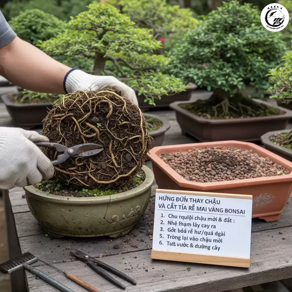 Thay chậu định kỳ giúp mai vàng bonsai phát triển bộ rễ khỏe mạnh và hấp thụ dinh dưỡng tốt hơn