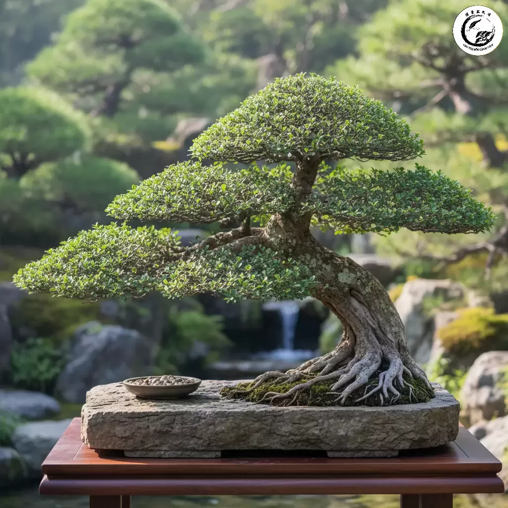 Tác phẩm Bonsai Duối thế Hoành nghiêng thể hiện sự uyển chuyển nhưng vững chãi