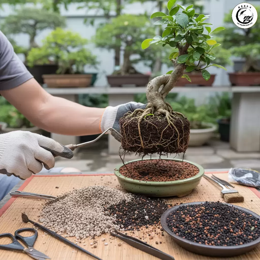 Việc thay chậu định kỳ giúp Duối Bonsai có môi trường đất mới kích thích bộ rễ phát triển khỏe mạnh