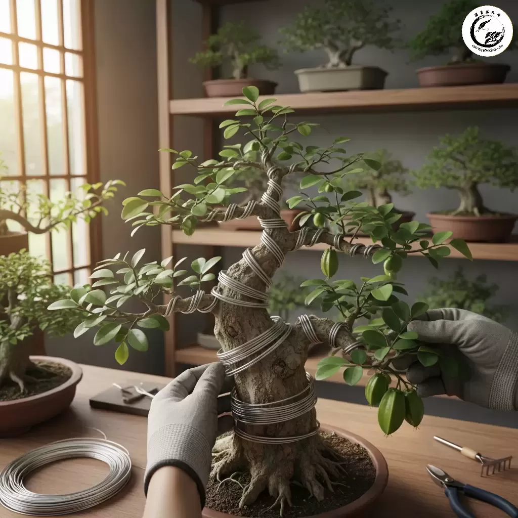 Sử dụng dây nhôm chuyên dụng để uốn nắn cành và thân cây khế tạo ra dáng vẻ nghệ thuật mong muốn