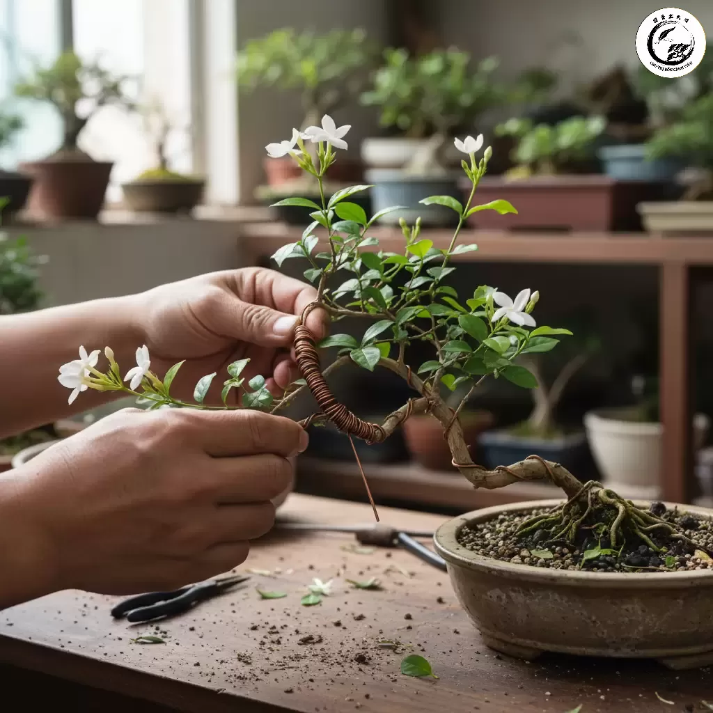 Uốn cành là bước quan trọng để định hình dáng cây hoa nhài bonsai theo ý muốn nghệ thuật