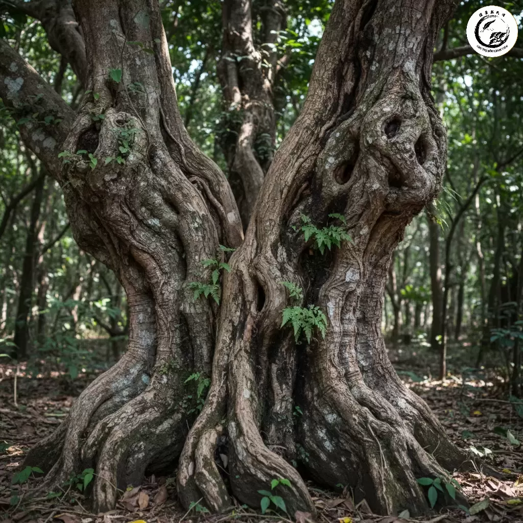 gemini_image_1767835980 Thân Duối cổ thường có lớp vỏ sần sùi rêu phong là dấu hiệu của sự trường tồn