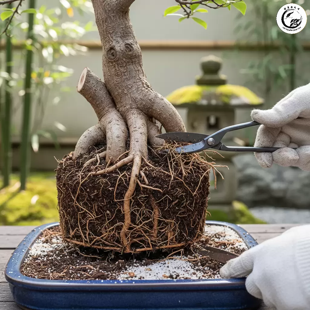 Cắt tỉa rễ cọc và rễ thừa chỉ giữ lại những rễ khỏe mạnh để định hình rễ nôm