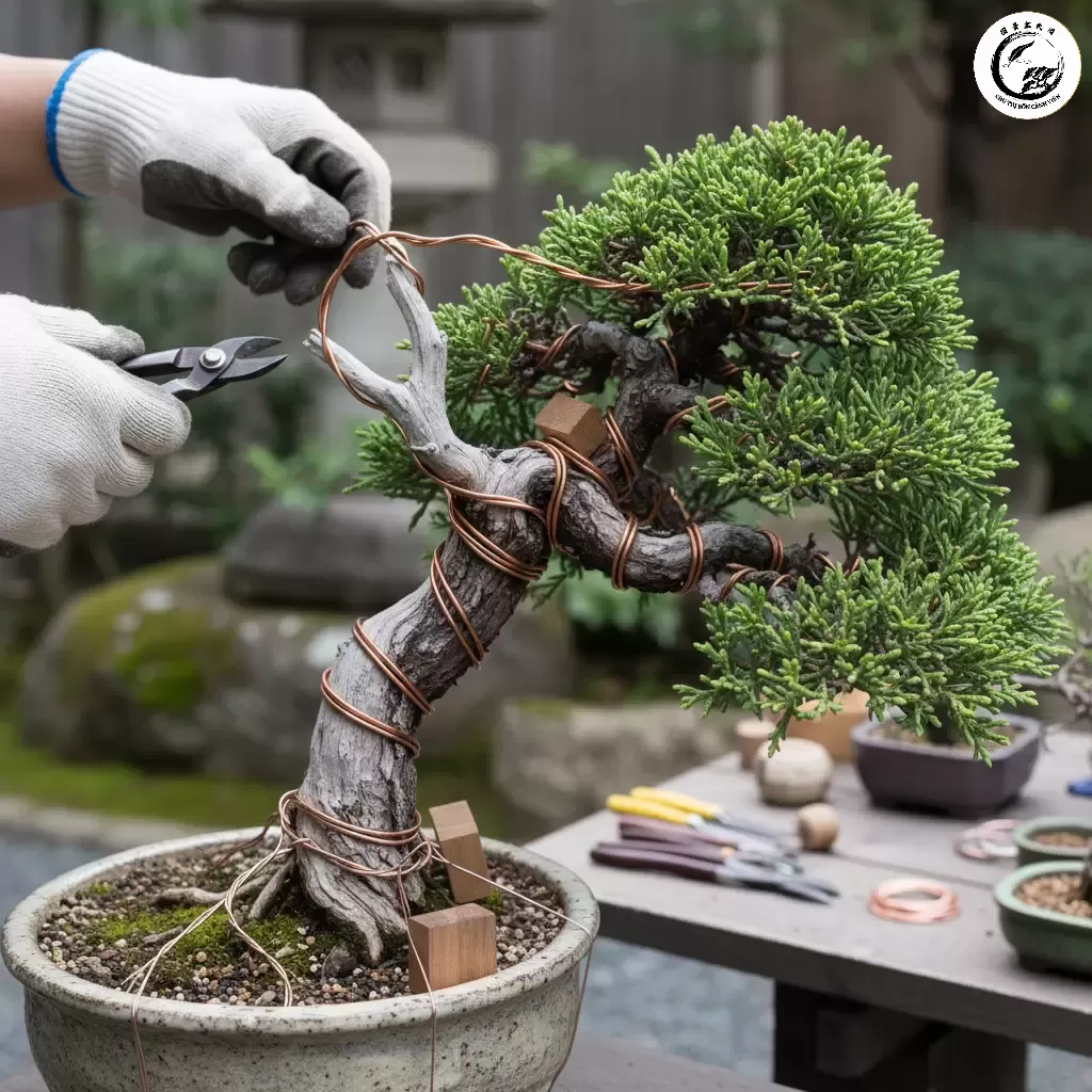 gemini_image_1767836451-1 Sử dụng dây đồng hoặc nhôm để uốn và cố định thân cây theo góc nghiêng mong muốn