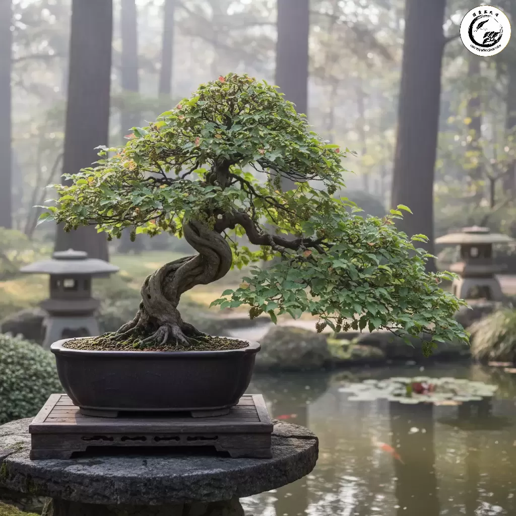 Cây Duối Bonsai được tạo dáng theo thế Huyền thể hiện sự mạnh mẽ và vẻ đẹp cổ kính khi thân đổ xuống