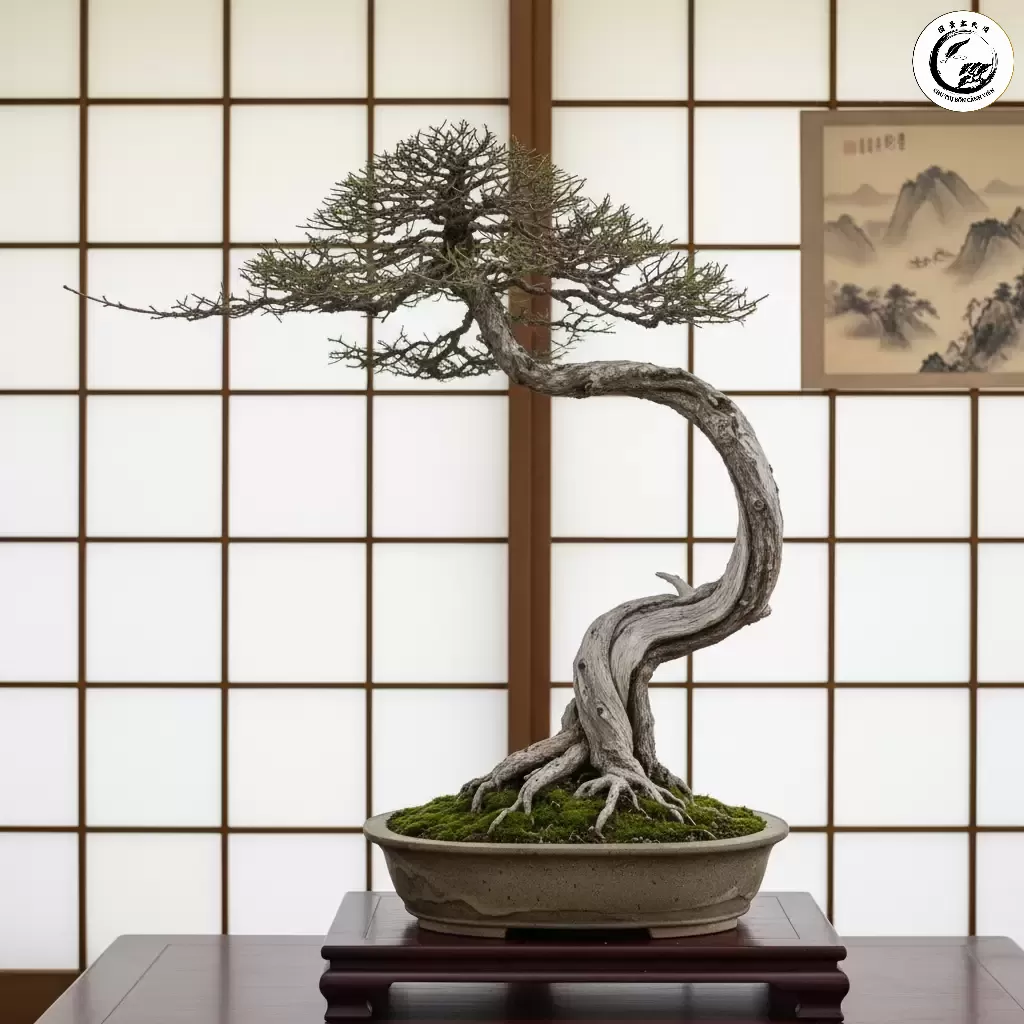 Một tác phẩm bonsai Văn Nhân Quái điển hình với thân cây gầy guộc và cành lá tối giản