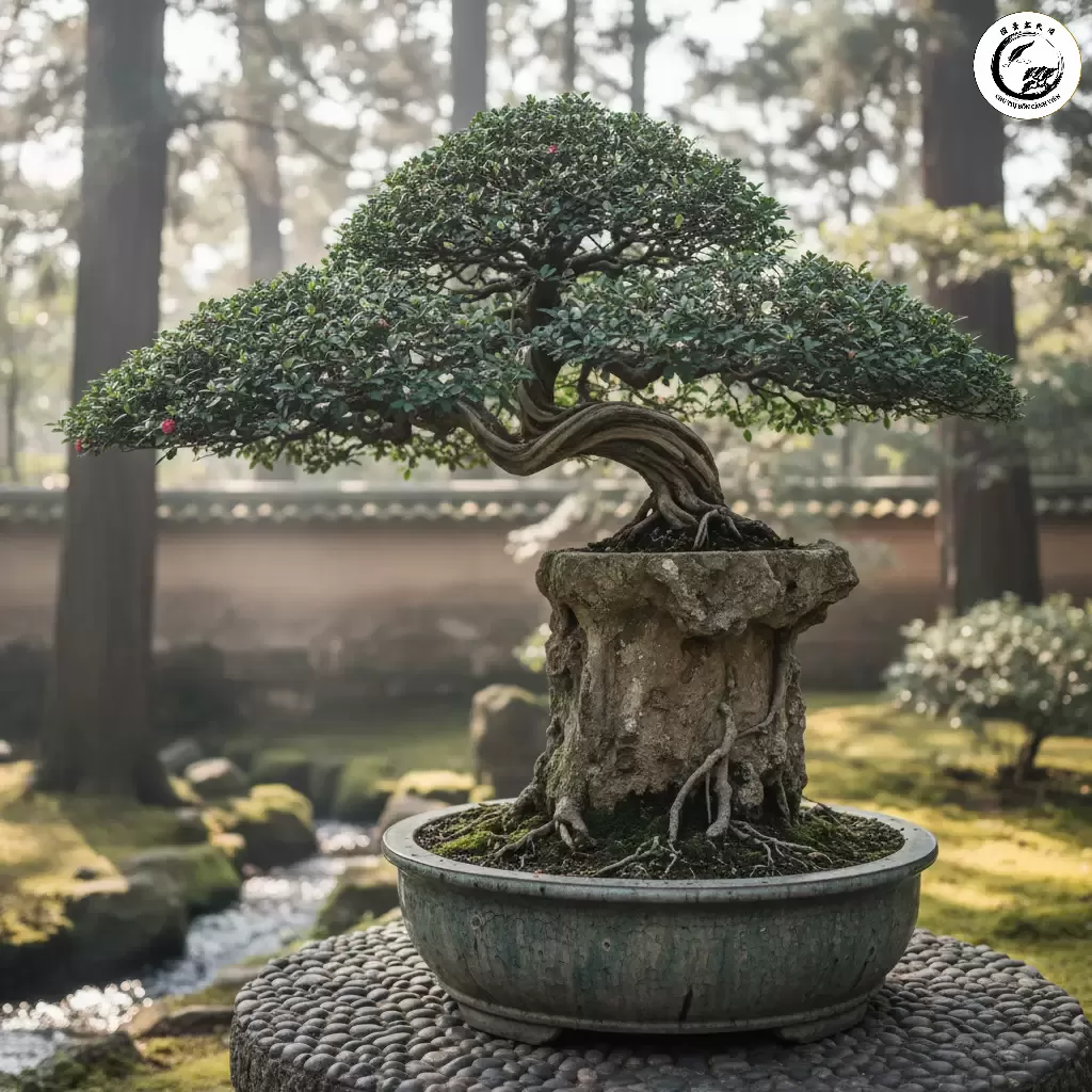 Sự kết hợp giữa cây bonsai Văn Nhân Quái và chậu cổ điển làm nổi bật khí chất thanh cao và vẻ đẹp của sự cô độc