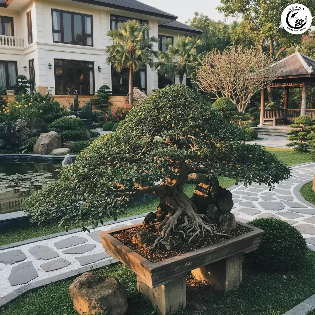 gemini_image_1767838140-1 Việc lựa chọn dáng cây Duối bonsai cần phải hài hòa với kiến trúc tổng thể của ngôi nhà và kích thước sân vườn