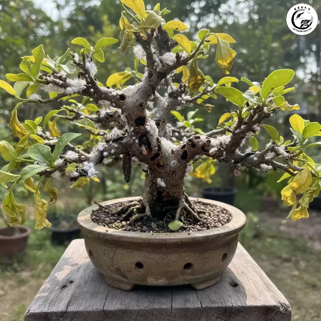 gemini_image_1767838569 Cây duối cảnh bị tấn công bởi rệp sáp mảng trắng và dấu hiệu sâu đục thân mùn cưa