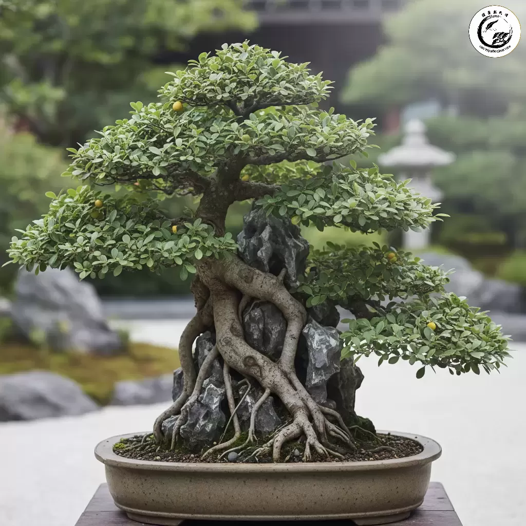 gemini_image_1767838623 Tác phẩm cây duối ôm đá hoàn thiện thể hiện sự bền bỉ và hài hòa