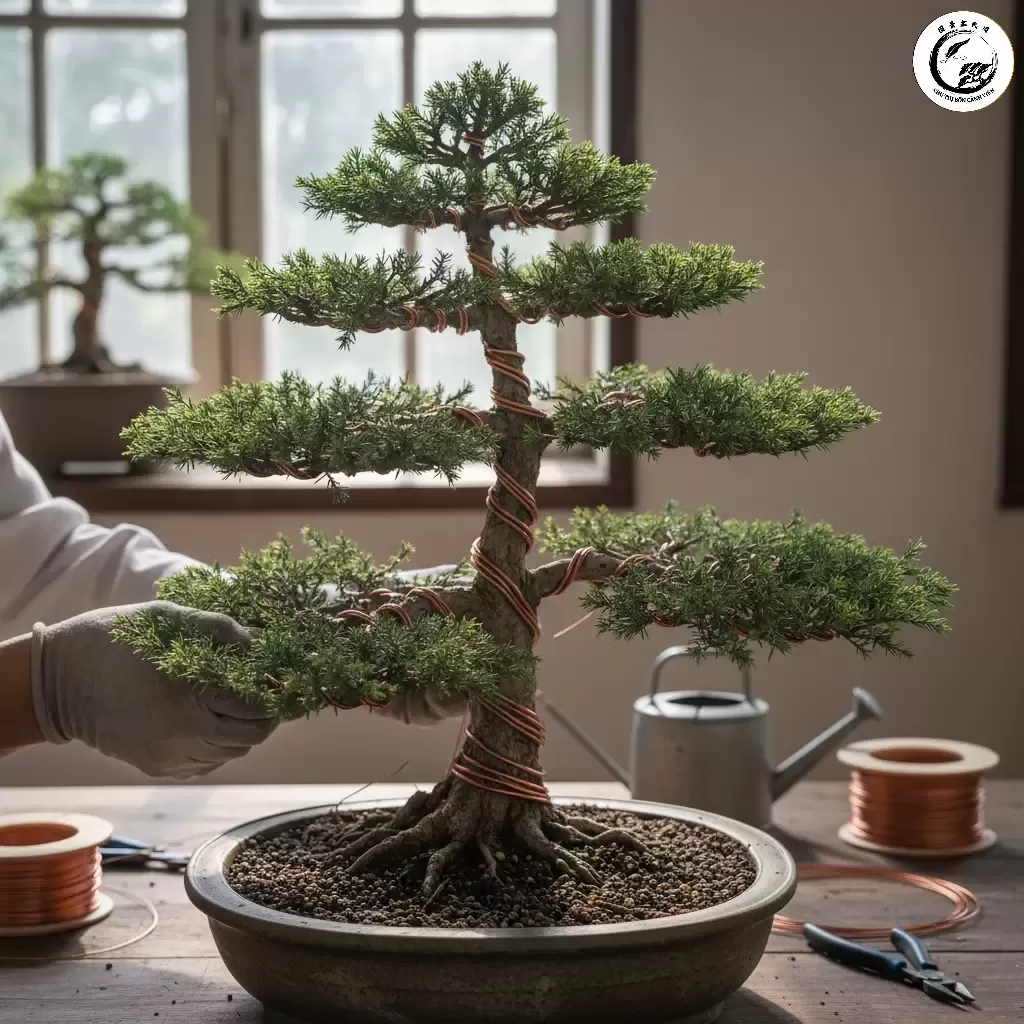 Kỹ thuật uốn dây đồng được áp dụng để định hình các cành ngang tạo độ mở và chiều sâu cho tán lá