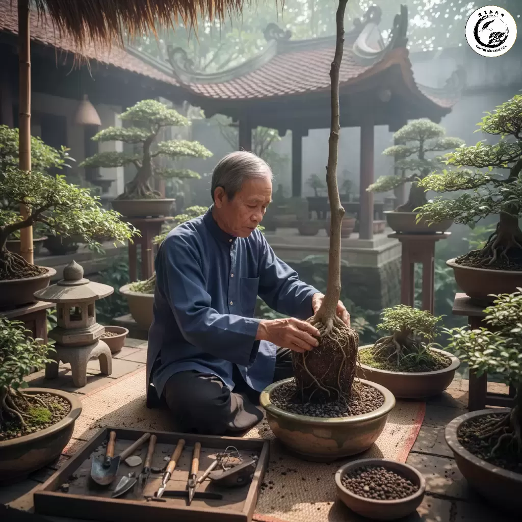 Thay chậu định kỳ là bước quan trọng để duy trì sức khỏe rễ và sự ổn định của bonsai dáng trực
