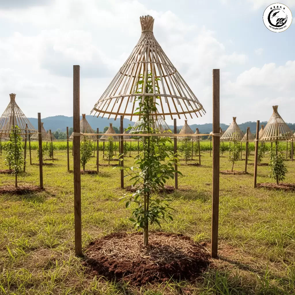 Cây duối sau khi trồng lại cần được che chắn ánh nắng trực tiếp và cố định chắc chắn bằng cọc chống