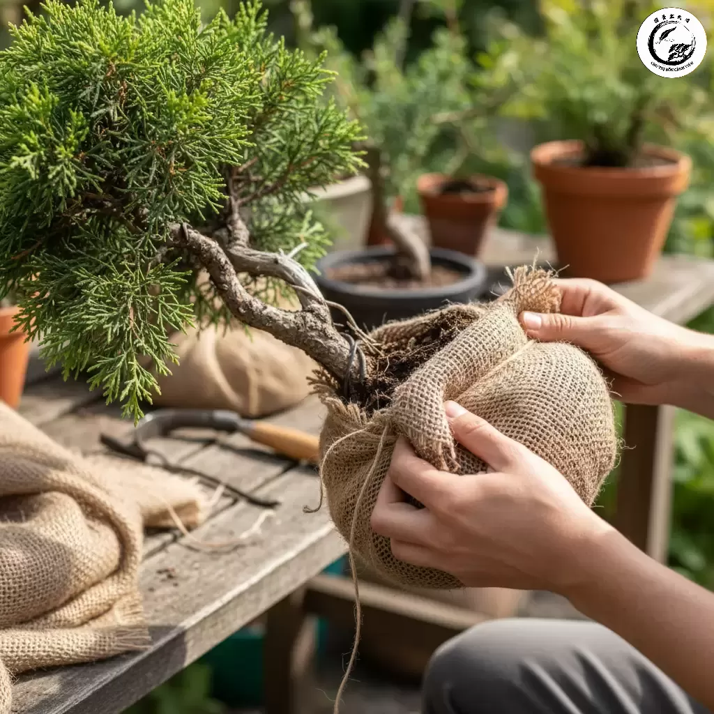 Kỹ thuật quấn bầu đất chặt chẽ bằng bao bố hoặc lưới thép là bước then chốt để bảo vệ rễ