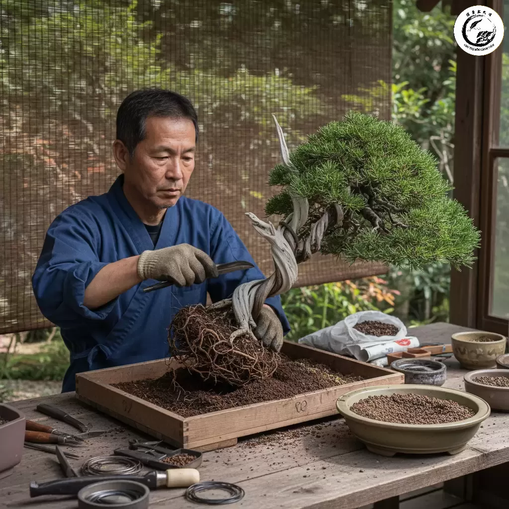 gemini_image_1767838854-1 Thay chậu định kỳ giúp rễ cây bồ đề bonsai khỏe mạnh duy trì kích thước và hình dáng của cây