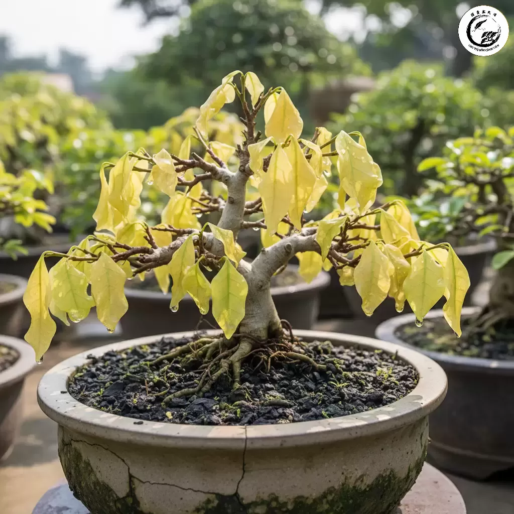 gemini_image_1767838977 Cây duối cảnh bị úng nước thường có biểu hiện vàng lá và rụng dần cần cấp cứu kịp thời