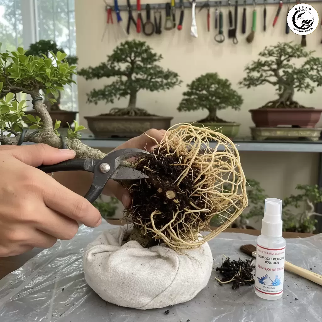 gemini_image_1767838978-1 Cắt bỏ hoàn toàn các phần rễ duối đã bị thối nhũn và khử trùng bằng dung dịch chuyên dụng trước khi trồng lại