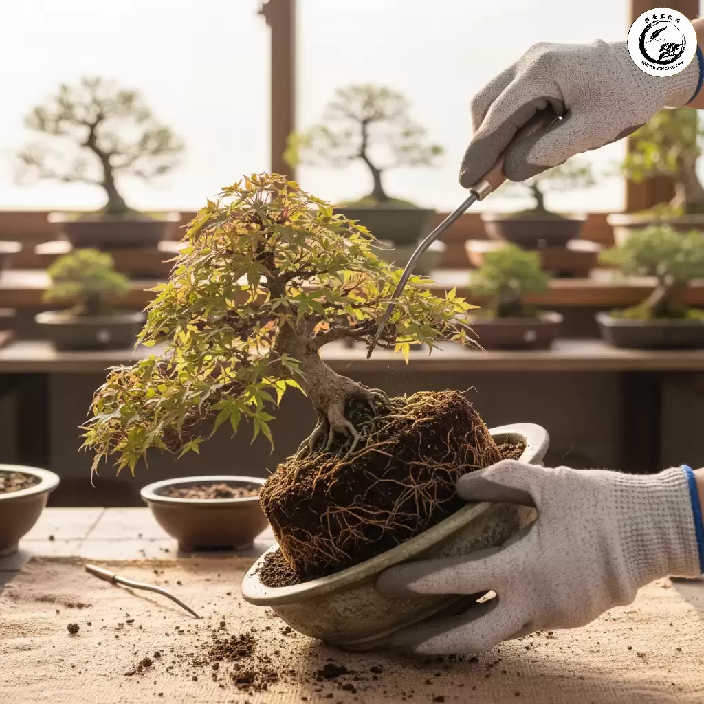 gemini_image_1767838978 Thao tác nhổ cây duối khỏi chậu cần thực hiện nhẹ nhàng để tránh làm tổn thương thêm rễ
