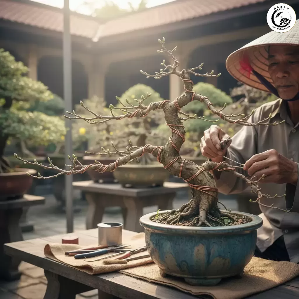 Quá trình tạo dáng và uốn cành bằng dây đồng là bước then chốt để định hình thế cây Nhất Chi Mai Bonsai