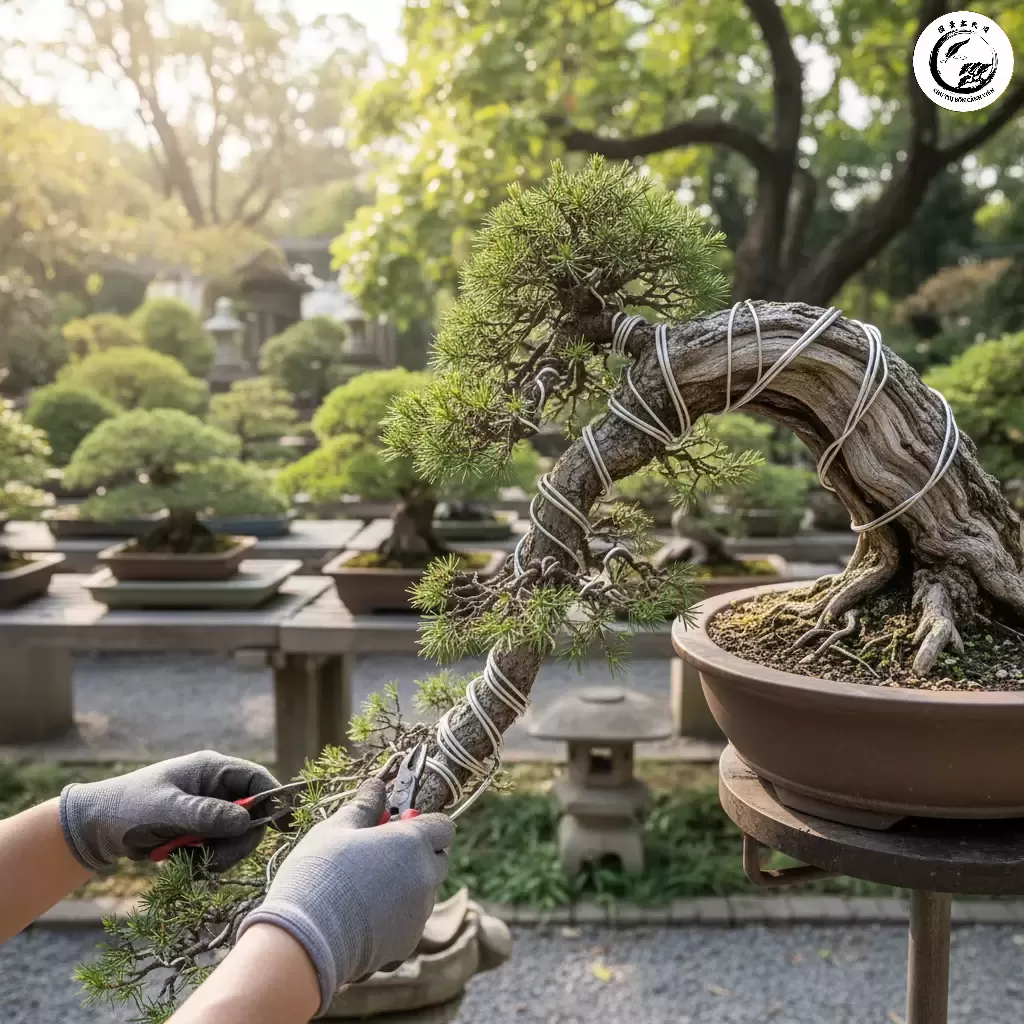 Uốn thân chính của bonsai dáng huyền cần sự tỉ mỉ để tạo đường cong tự nhiên và điểm rơi mạnh mẽ