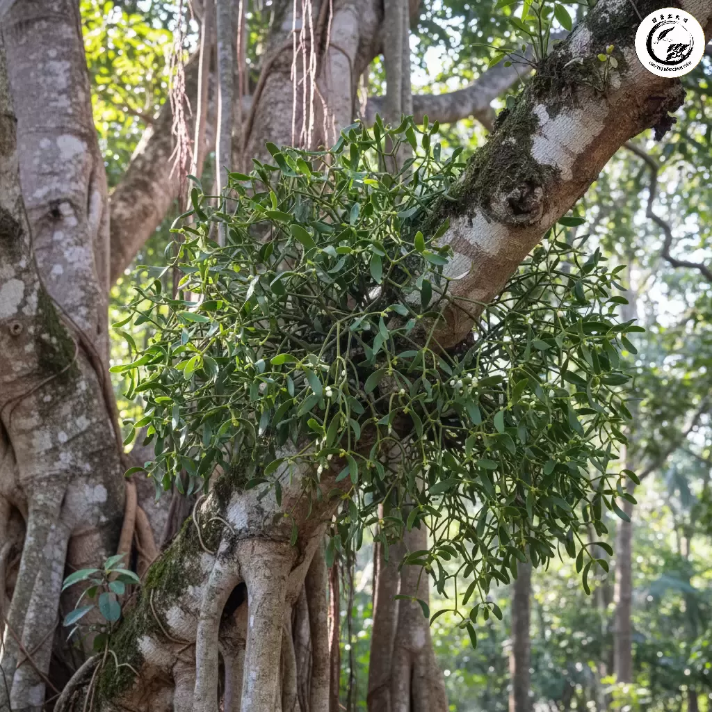 Hình ảnh tổng quan về cây tầm gửi Duối ký sinh trên thân cây chủ thể hiện sự cộng sinh đặc biệt