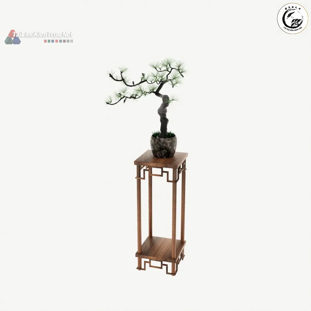Sự kết hợp hoàn hảo giữa cây chậu và đôn gỗ tạo nên một tác phẩm nghệ thuật đẳng cấp